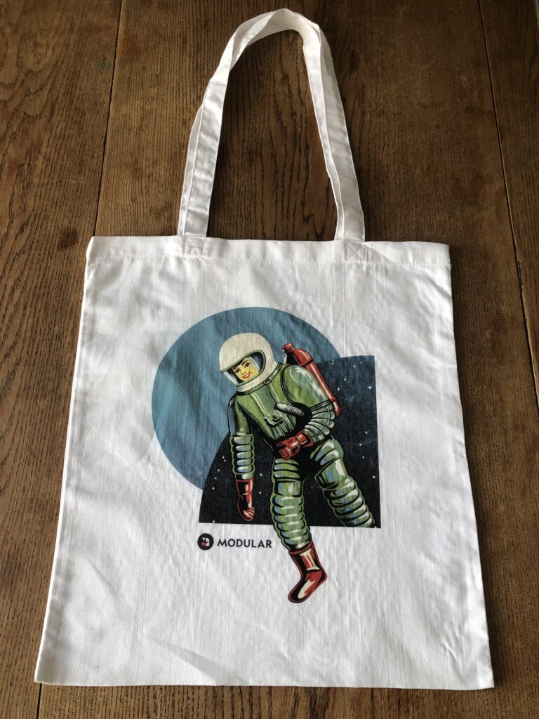 Modular Tote Bag featuring retro futurism SciFi space lady to represent our Website Support Services